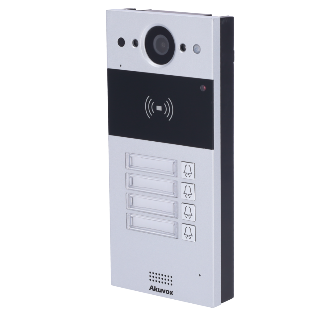 Placa videoportero – IP – superficie – Akuvox – 4 viviendas – Cámara 2 Mpx – sin WiFi, PoE – IP65 – Acceso MIFARE/EM/NFC – Ref. AK-R20B-4B