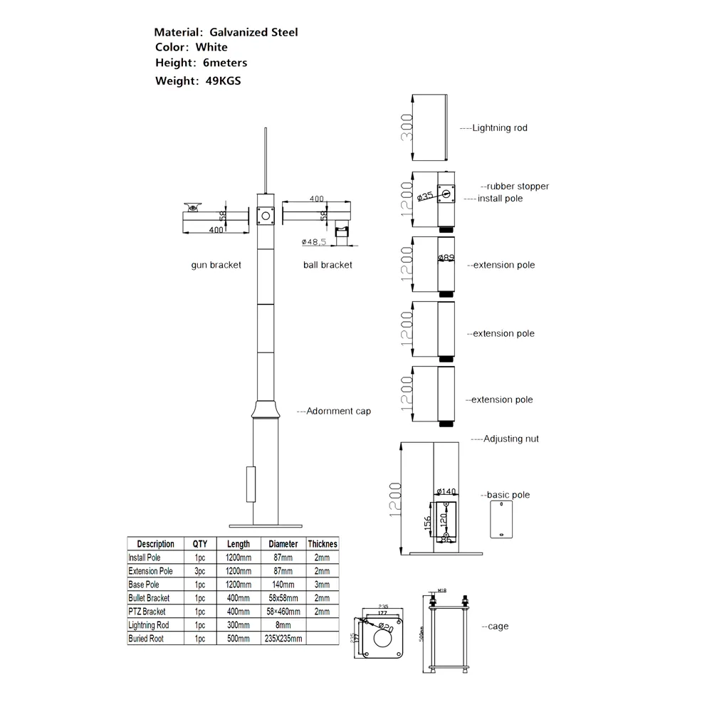 POLE-600-D Báculo Poste para Cámara PTZ Exterior 6m