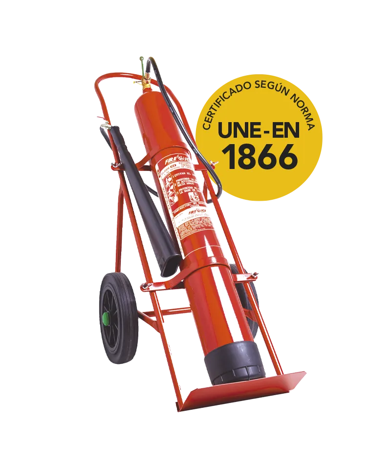 Extintor móvil CO₂ 10 kg sobre carro simple de acero certificado UNE-EN 1866