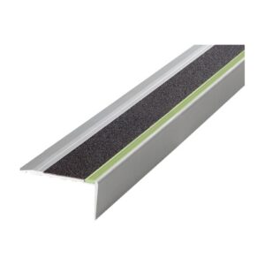 Perfil escalera aluminio anodizado — huella 68 mm · contrahuella 30 mm · tira negra 33 mm + fotoluminiscente 8 mm
