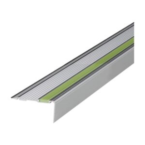 Perfil escalera aluminio anodizado — huella 45 mm · contrahuella 22 mm · tira fotoluminiscente 8 mm