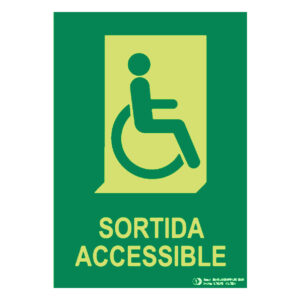 Señal / Cartel de sORTIDA ACCESSIBLE (catalán accesible) fotoluminiscente