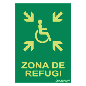 Señal / Cartel de zONA DE REFUGI (catalán) fotoluminiscente