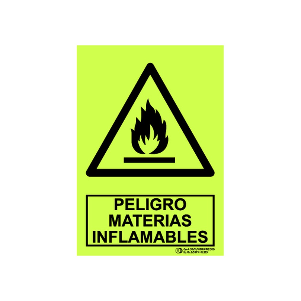 Cartel fotoluminiscente «Peligro materias inflamables»