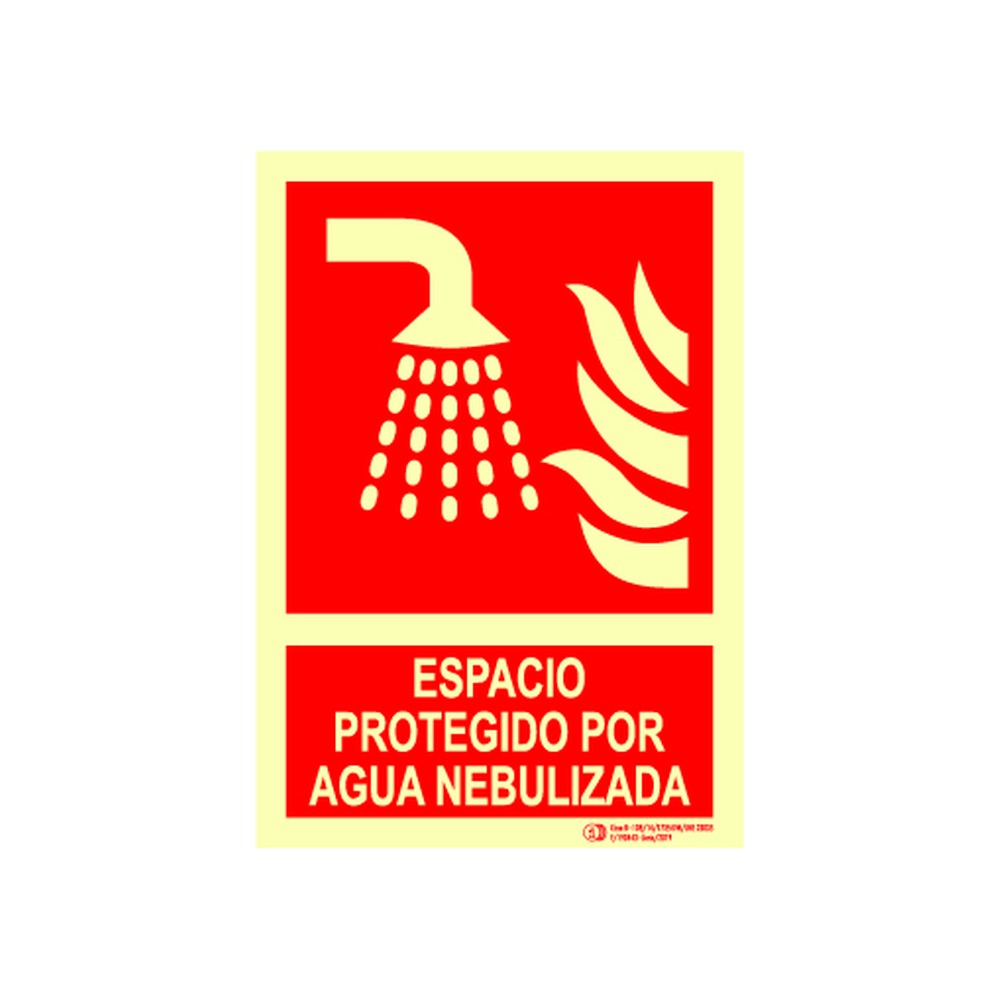 Cartel / Señal luminiscente «Espacio protegido por sistema de extinción agua nebulizada»