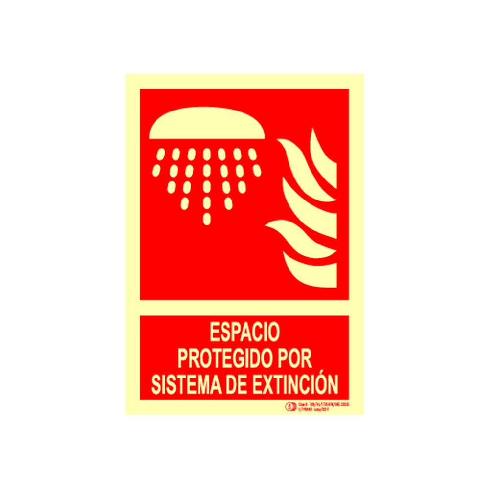 Cartel / Señal luminiscente «Espacio protegido por sistema de extinción»