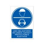 Señal / Cartel de Uso obligatorio de casco, gafas y protectores auditivos