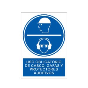 Señal / Cartel de Uso obligatorio de casco, gafas y protectores auditivos