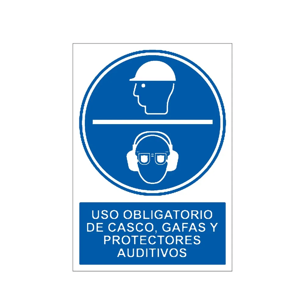 Señal / Cartel de Uso obligatorio de casco, gafas y protectores auditivos