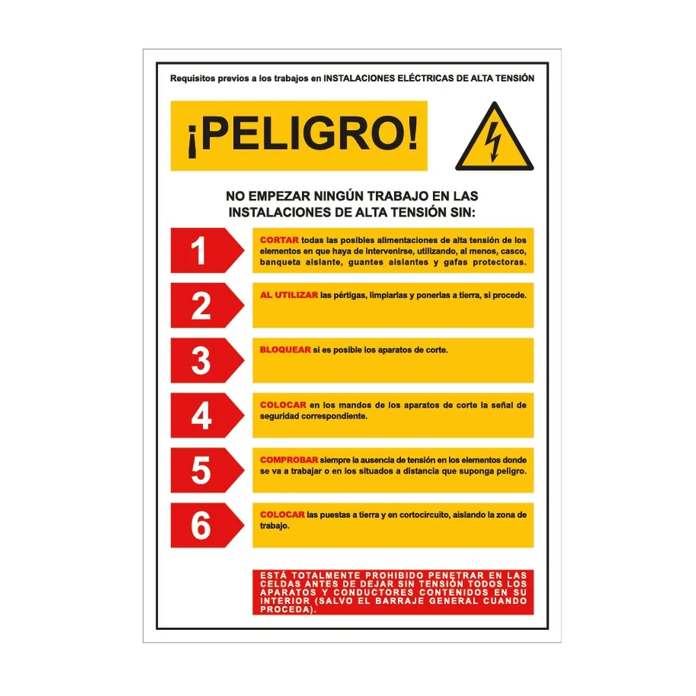 Señal / cartel de ¡PELIGRO! No empezar trabajo en instalaciones de alta tensión
